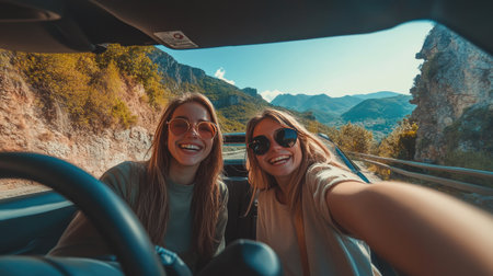 Two friends in the front seat of a car, smiling and taking selfies while waiting at a scenic lookout point.の素材