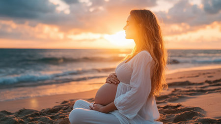 A glowing pregnant woman resting her hands on her belly while sitting on the beach at sunset, gazing out at the ocean.の素材