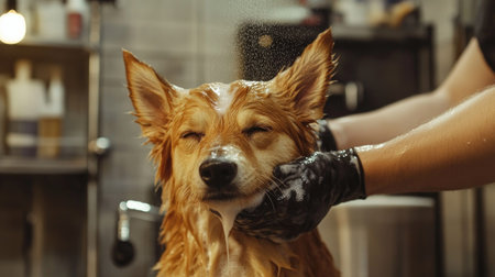 A dog groomer professionally shampoos a dog at a pet salon, with specialized tools and equipment in the background.の素材