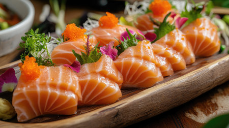 Slices of raw salmon for sashimi, glistening with freshness, arranged elegantly with garnish on a wooden platter.の素材