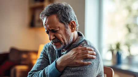 A man at home sitting on a chair, holding his shoulder with one hand, clearly in discomfort from muscle pain or injury.の素材