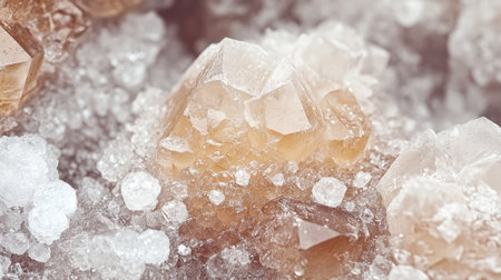 A close-up of a salt crystal-covered stone, with a sparkling, granular surface and irregular shapes.の素材