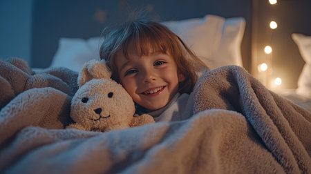 A child waking up in the morning, smiling and hugging a stuffed animal, surrounded by cozy blankets.の素材