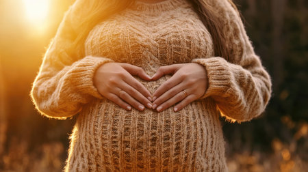 A close-up of a pregnant womans hands forming a heart shape over her baby bump, with soft, natural light in the background.の素材