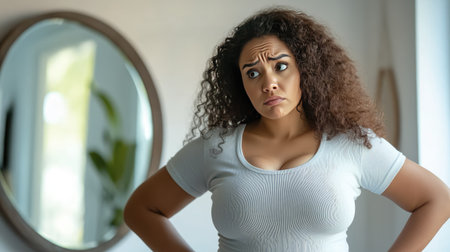 A frustrated person looking at a mirror, holding their midsection with a visible expression of dissatisfaction with their weight.の素材