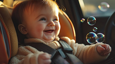 A cheerful baby sitting snugly in a child car seat, blowing bubbles and smiling, the seatbelt fastened tightly for safety.の素材