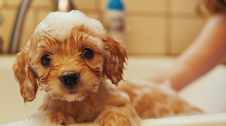 A puppy's first bath, with a family washing the tiny dog with shampoo in the bathroom, lots of bubbles and laughter.の素材