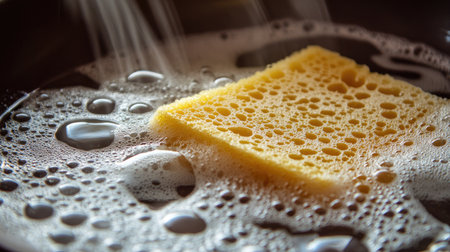 A close-up of a sponge scrubbing a dirty pan, with grease and soap forming bubbles on the surface.の素材