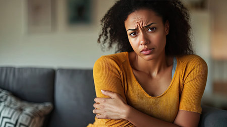 A woman sitting on a couch, gently holding her shoulder, visibly uncomfortable from shoulder pain, with a concerned expression.の素材