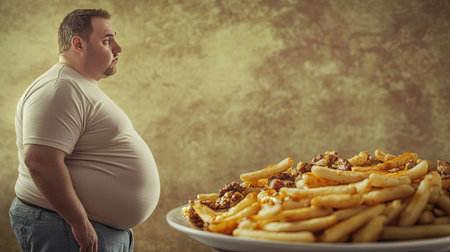 A man with a large belly looking at a meal filled with greasy food, symbolizing unhealthy choices contributing to excessive weight.の素材