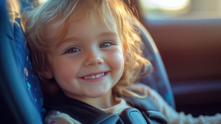 A smiling child in a child seat, enjoying the view through the car window, seatbelt securely fastened for safety and comfort.の素材