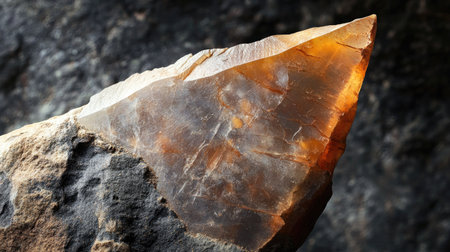 Close-up of a sharp-edged flint stone, showing its rough texture and natural sharpness.の素材