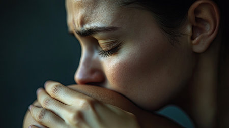 Close-up of a womans hand massaging her aching shoulder, with visible tension in her facial expression, suffering from muscle strain.の素材