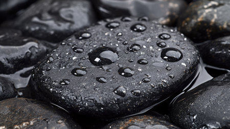 Close-up of a shiny black stone with raindrops, the water enhancing its smooth, reflective surface.の素材