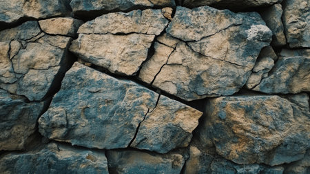 Close-up of a cracked and weathered stone wall, showing the depth and texture of each crevice.の素材