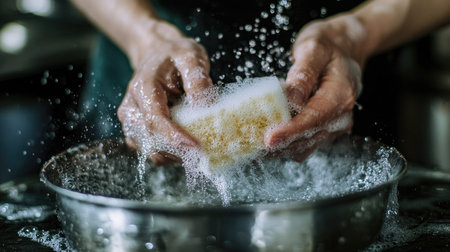 A persons hands scrubbing a metal pot with a sponge, soap bubbles and water splashing in a close-up.の素材