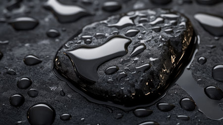 Close-up of a shiny black stone with raindrops, the water enhancing its smooth, reflective surface.の素材