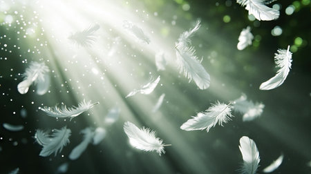 A serene scene of fluffy white feathers falling through a beam of light, with subtle movement and depth.の素材