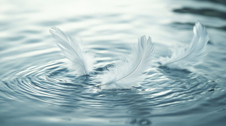Abstract feathers gently falling on water, causing delicate ripples as they touch the surface, creating a calm visual.の素材