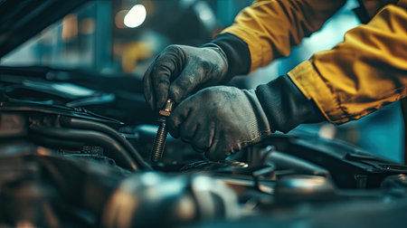 Close-up of a mechanics hands tightening a bolt under the hood, showcasing professional car maintenance services.の素材