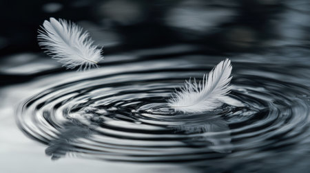 Abstract feathers gently falling on water, causing delicate ripples as they touch the surface, creating a calm visual.の素材