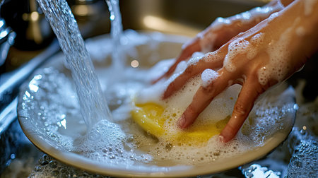 Close-up of hands scrubbing a plate with soap and sponge, water running over the dish in a kitchen sink.の素材