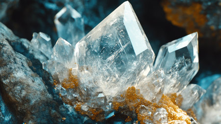 A zoomed-in shot of a quartz crystal within a rock, highlighting its transparency and geometric shapes.の素材