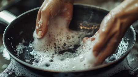 Hands scrubbing a frying pan with a scouring pad, close-up of the soap foam and dirty water mixing.の素材
