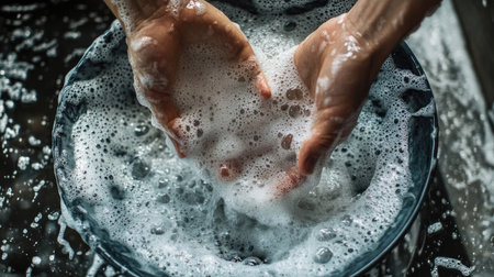 Soap-covered hands washing a ceramic dish, water and suds overflowing the sides, capturing the motion of cleaning.の素材