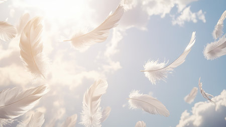 Soft, fluffy white feathers gently floating through a bright sky, creating a light and ethereal atmosphere.の素材