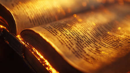 A close-up of a books pages with warm light creating a soft glow, highlighting the text and textures.の素材