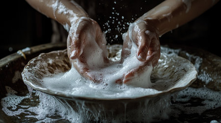 Soap-covered hands washing a ceramic dish, water and suds overflowing the sides, capturing the motion of cleaning.の素材