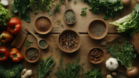 A birds eye view of a rustic kitchen table with spices in wooden bowls and spoons, surrounded by fresh herbs and vegetables.の素材
