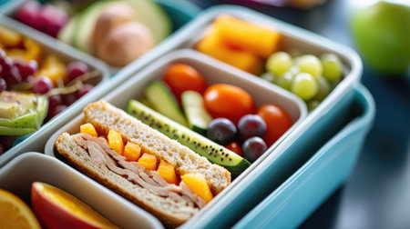A close-up of a school lunch box with compartments neatly organized with fruits, veggies, and a sandwich.の素材