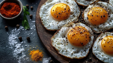 A breakfast spread featuring fried eggs garnished with a variety of spices, including turmeric and cracked black pepper.の素材