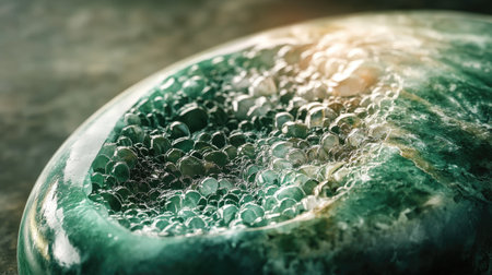Zoomed-in view of a polished jade stone, its deep green hues and smooth texture illuminated by soft light.の素材