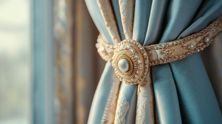 A close-up of a curtain tieback with decorative details, showcasing the careful attention to design and style.の素材