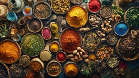 A birds eye view of a vibrant spice market stall with piles of different spices, herbs, and colorful powders.の素材