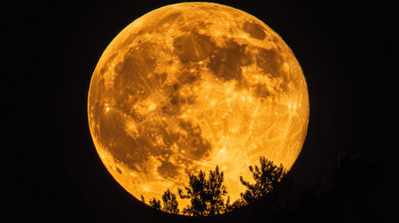 A bright supermoon dominating the night sky, with a silhouette of distant trees adding depth to the scene.の素材