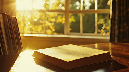A book lying flat on a desk, with warm light filtering through a nearby window, highlighting the cover and pages.の素材