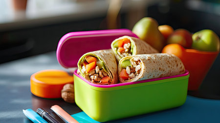 A brightly colored lunch box filled with healthy wraps, fruit, and nuts, sitting on a school desk.の素材