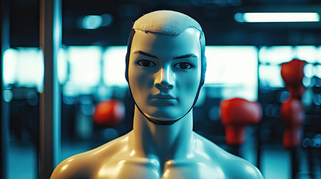 A close-up of a training dummy mannequin in a gym, ready for martial arts practice with punching gloves in the background.の素材
