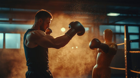 A boxer throwing a jab at a punching dummy mannequin in a well-lit gym, emphasizing strength training.の素材