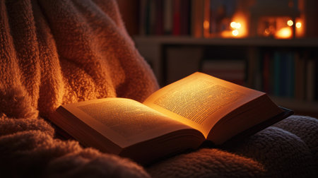 A book lying on a plush armchair, with warm, ambient light casting a comforting glow over the pages.の素材