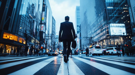 A businessperson walking confidently across a zebra crossing in a busy city, surrounded by tall buildings.の素材