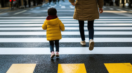 A child running across a zebra crossing while a parent follows, capturing a playful moment in a safe environment.の素材