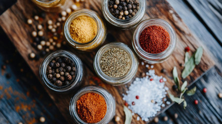 A birds eye view of a wooden board with a variety of spices in glass jars, including peppercorns, sea salt, and chili powder.の素材