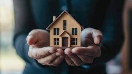 A businessperson holding a miniature house model, symbolizing real estate investment and financial growth.の素材