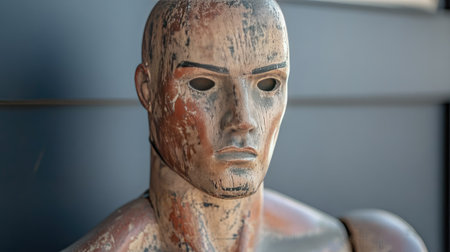 A close-up of a boxing dummy mannequin, with scuff marks from repeated punches and strikes, symbolizing intense training.の素材