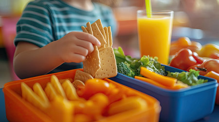 A child opening their school lunch box in the cafeteria, revealing a balanced meal of vegetables, crackers, and juice.の素材